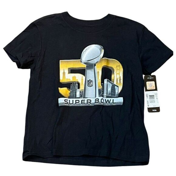 Kids Medium 5 / 6 Superbowl 50 Trophy Black T Shirt 2015 NWT Broncos Panthers - Picture 1 of 5